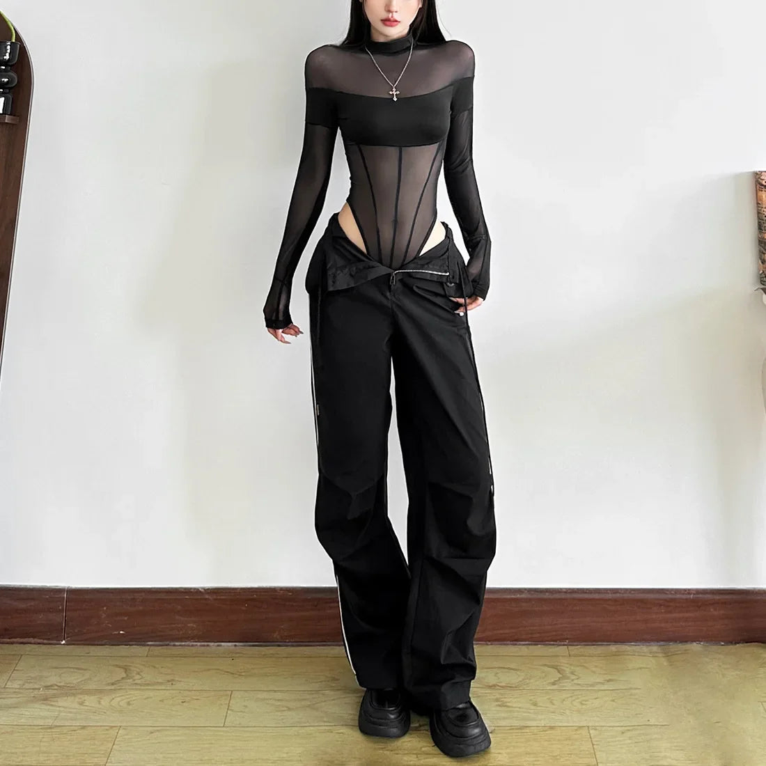 See Through Mesh Splicing Sexy Bodysuit Lingerie One-pieces Y2k Clothes Long Sleeve Body Feminino Hot Tops For Women Rave Outfit