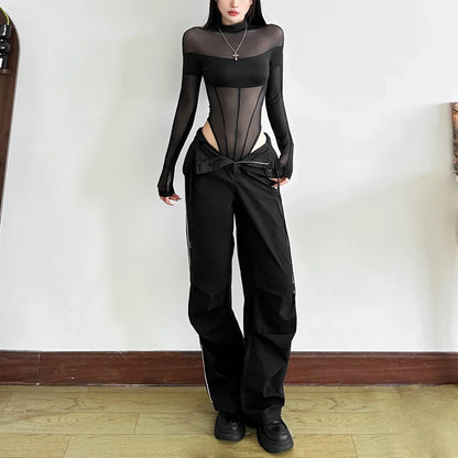 See Through Mesh Splicing Sexy Bodysuit Lingerie One-pieces Y2k Clothes Long Sleeve Body Feminino Hot Tops For Women Rave Outfit