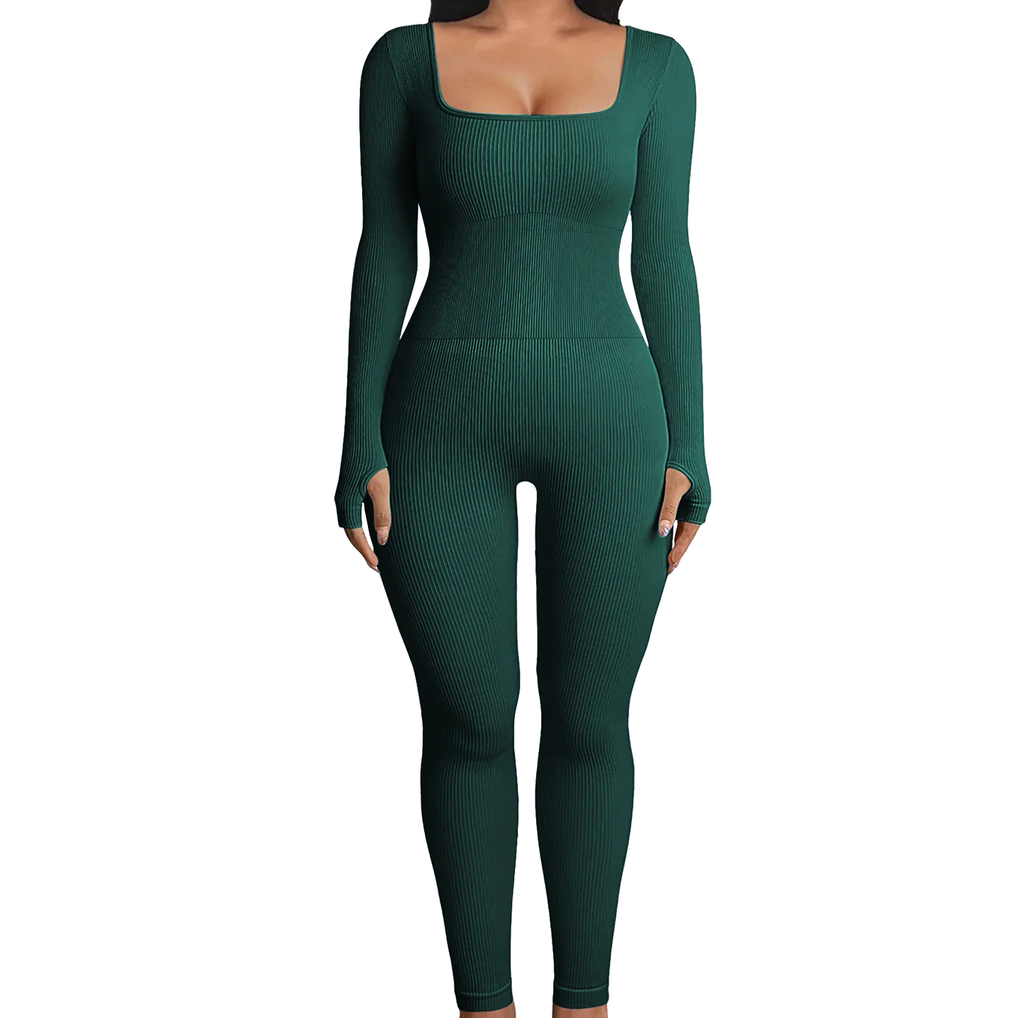Solid Color Ribbed Yoga Jumpsuit, Seamless Slim Fit Long Sleeve Sports Bodysuit, Women's Activewear