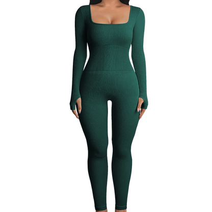 Solid Color Ribbed Yoga Jumpsuit, Seamless Slim Fit Long Sleeve Sports Bodysuit, Women's Activewear