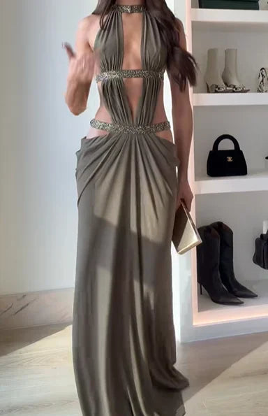 Women Sexy Hollow Out Sequin Halter Maxi Dresses Fashion Pleated Backless Sleeveless Slim Dress Chic New Lady Evening Party Gown
