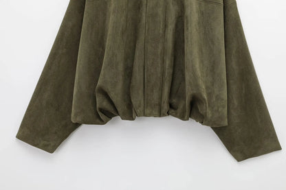 HH Women Brown Green Suede Jacket Loose Casual Bomber Coat Lapel Zipper Long Sleeve Jackets Vintage Lady Motorcycle Outwears