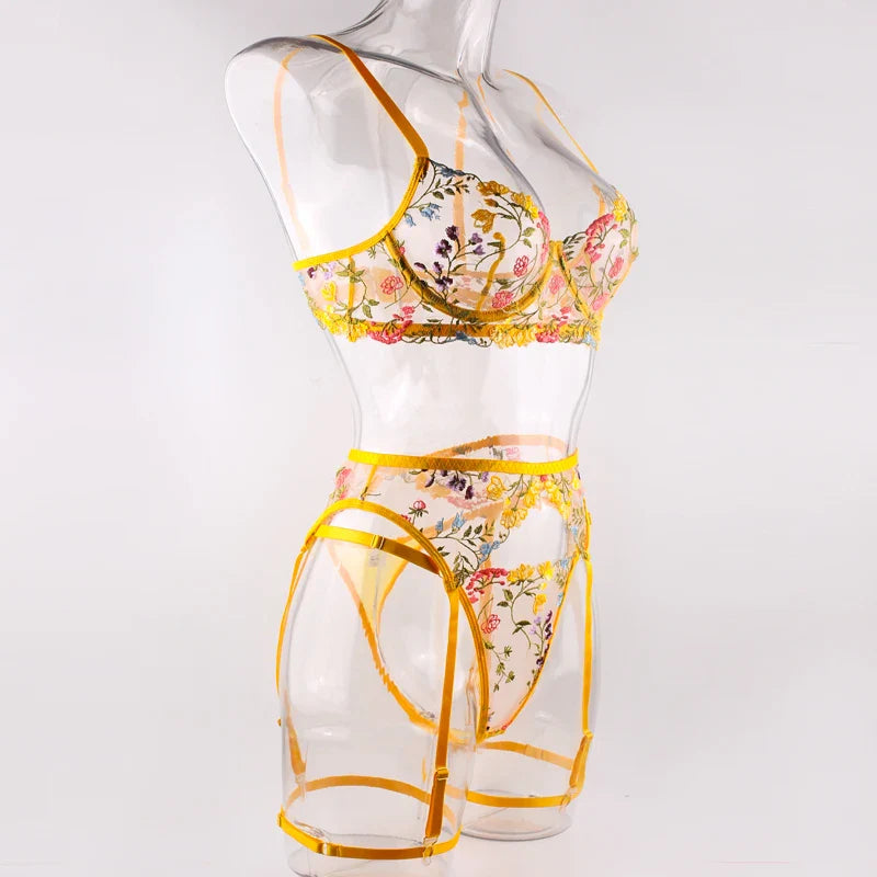 Sexy Women's Lace Lingerie 3Pcs Sets Fancy Flowers Embroidery Transparent Bras And Thongs Underwear Set Erotic Intimate Suits ﻿
