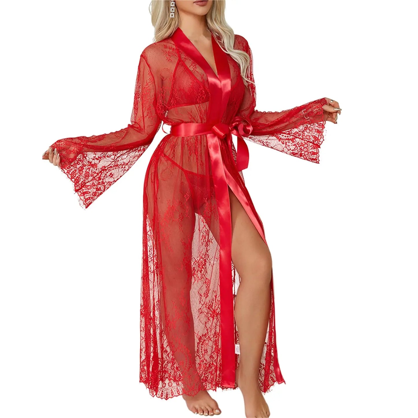 Women's Sexy Sheer Lace Robe Lingerie Long See Through Kimono Lingerie Dress Lace Gown Sleepwear