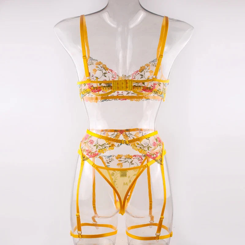 Sexy Women's Lace Lingerie 3Pcs Sets Fancy Flowers Embroidery Transparent Bras And Thongs Underwear Set Erotic Intimate Suits ﻿