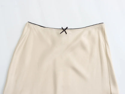2024 Spring Women's Satin Bow-Decorated High-Waist A-Line Long Skirt - Vintage Chic Fashion