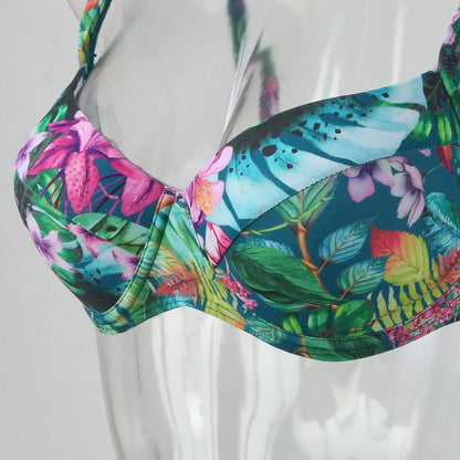 Women'S Swimwear Bikini Sets Normal Swimsuit Backless 2 Piece Green Printing Flower Push Up Girls Swimsuits Beachwear Bathing