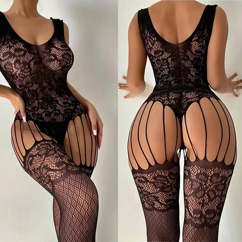 2025 Fishnet Bra Lingerie One Piece Crotchless Adult Sexy Underwear Transparent Body Suit Ultra Hot Open Tights Exotic Lingeries