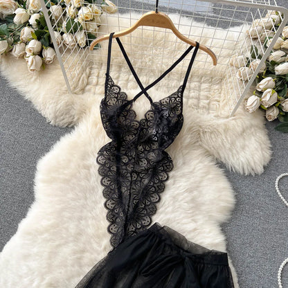 SINGREINY Lace Sensual Erotic Two Pieces Suits Camis Short Bodysuits Tops+Midi Long Mesh Chiffon Skirts Women Underwear Sets