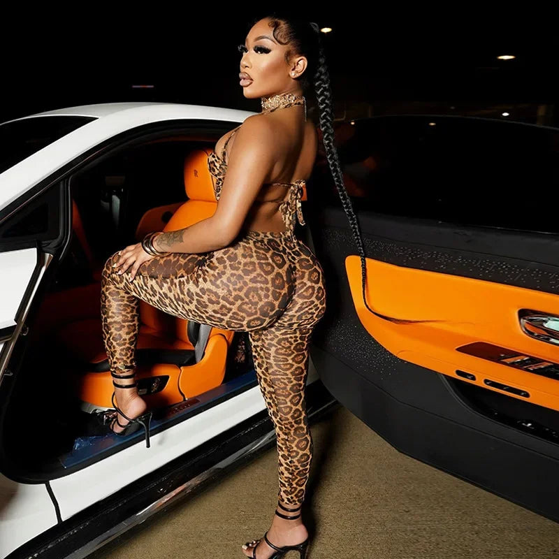 Sexy Fashionable Leopard Print Two-Piece Set Women's Clothing Hot Sale Strapless Crop Top Matching Long Pants Ensemble