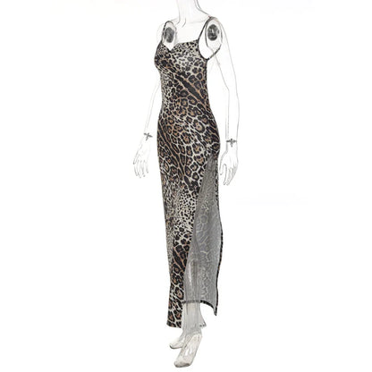 Hugcitar Leopard Print Swing Collar Sleeveless Sexy Maxi Slit Prom Dress Summer Women Fashion Y2K Clothes Party Beach Vacation