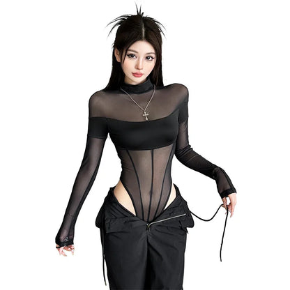 See Through Mesh Splicing Sexy Bodysuit Lingerie One-pieces Y2k Clothes Long Sleeve Body Feminino Hot Tops For Women Rave Outfit