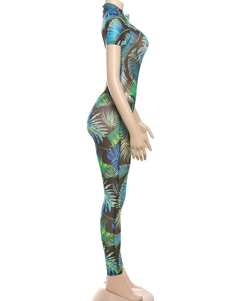 kliou Aesthetic Printed Women Jumpsuits Fashion Sexy Panelled Short Sleeve Backless Stand Collar Slim Overalls Mujer Clubwear