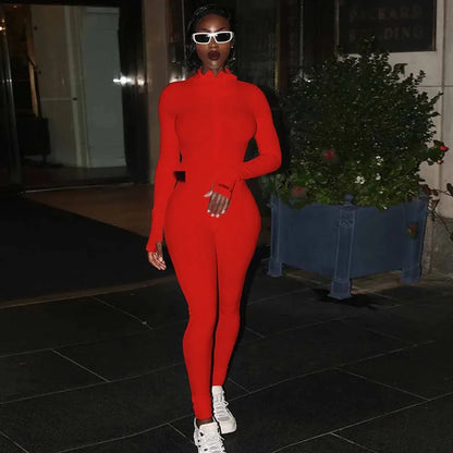 Zipper Jumpsuit Women Embroidery Letter Print Workout Sportswear Female Outfit Skinny Solid Turtleneck Streetwear