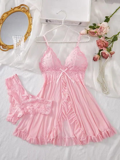Sexy Female Transparent Red Lingerie Women Underwear Sleepwear Lace Babydoll Dress Panties Pijamas Set Adult Female Nighty