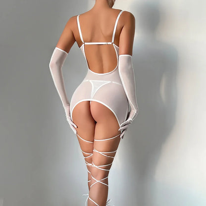 Yimunancy Sheer Mesh Lingerie Set Women 4-Piece Backless Sexy Dress Sexy Erotic Solid Brief Underwer Set Nightwear