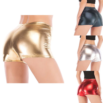 Women Yoga Shorts Silver Metallic Rave Booty Mid Waist Cheer Short PU Shiny Yoga Shorts Femme Fashion Sexy Clothes