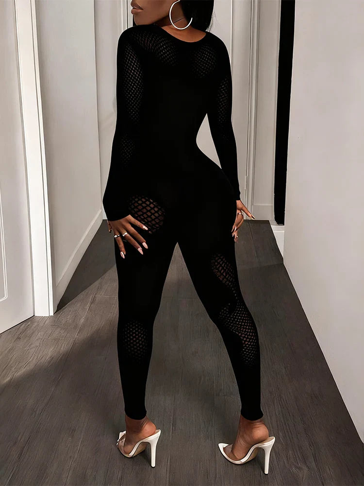 FHSEER Women's Sexy Jumpsuit Sheer Mesh Long Sleeve Hollow Out Bodycon High-Waist Stretchy Club Party Date Night Out Outfit