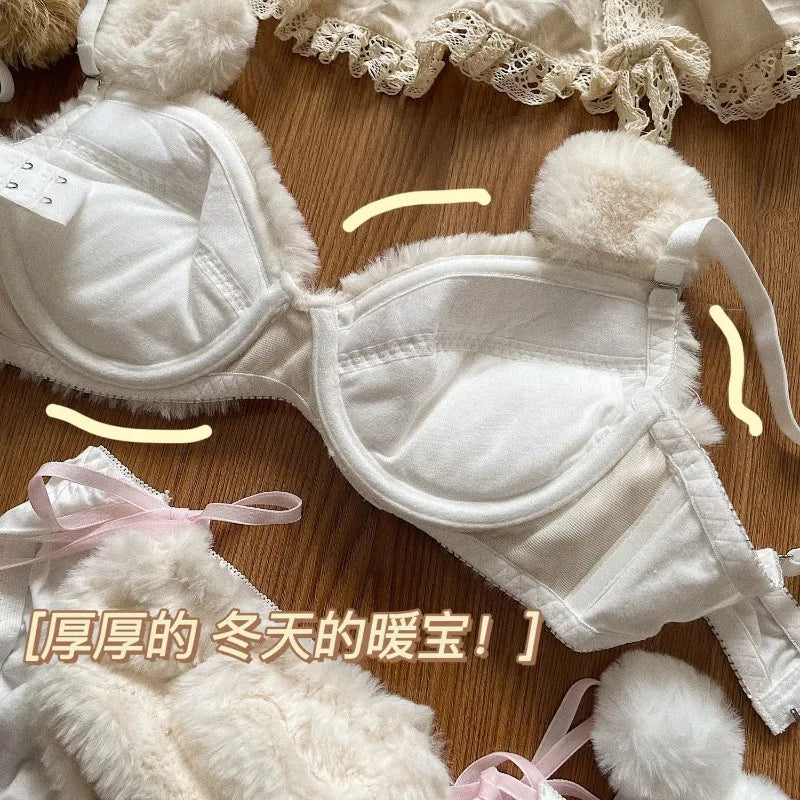 Cute Bear Underwear Winter Plush Cartoon Comfortable Bra & Brief Sets Women's Intimates Thermal Bra Gathers Sleepwear Lingerie
