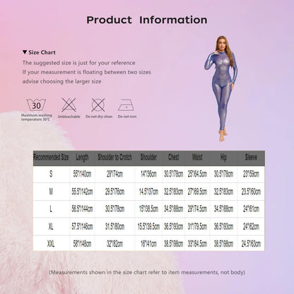 Women Metallic Shiny Full Body Unitards Sheer Rave Party Nightclub Jumpsuit Long Sleeve Long Pants Back Zipper Catsuit Clubwear