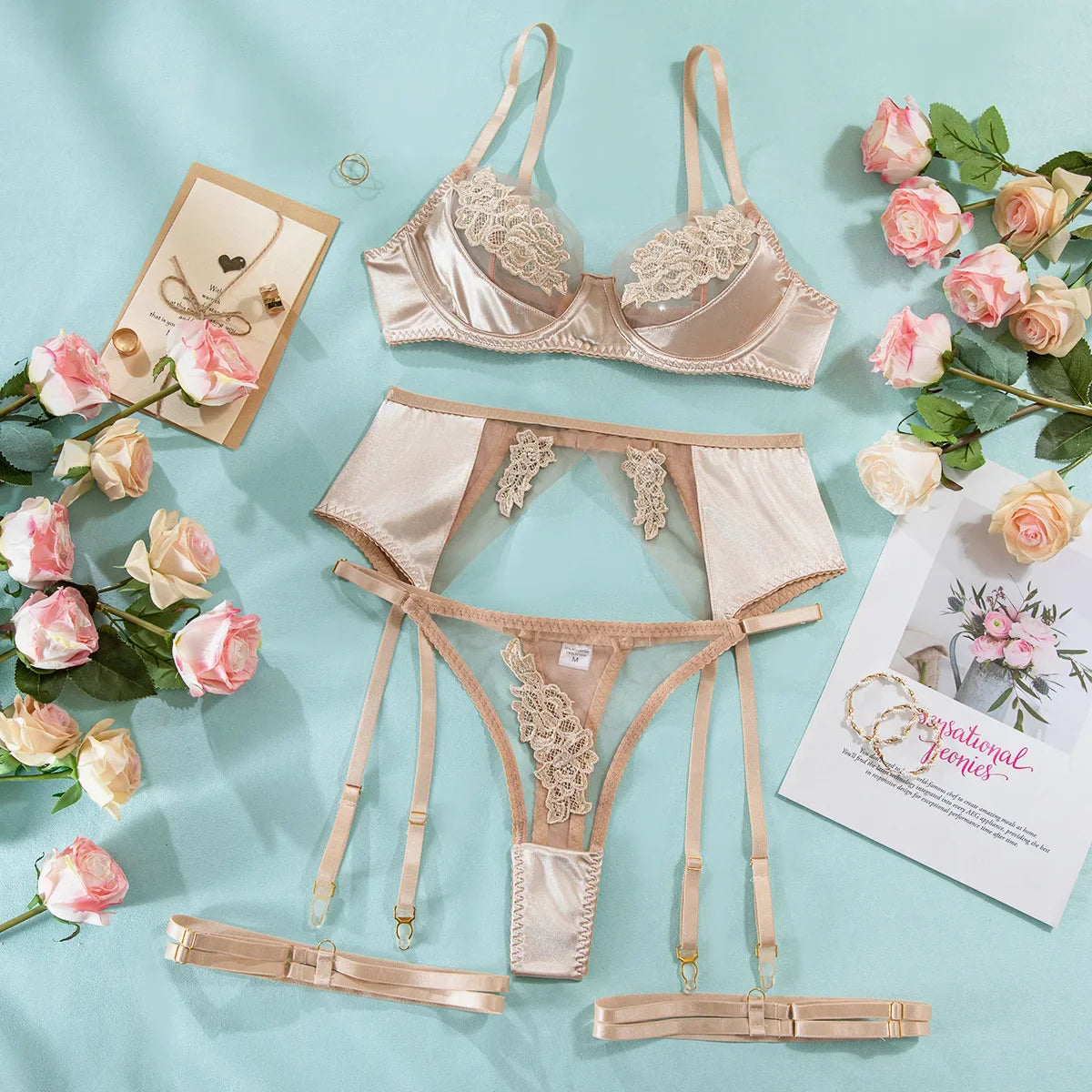 Ellolace Fancy Lingerie Floral Lace Ensemble Brazilian Underwear Attractive Chest Suspenders Sexy Hot Sissy Outfit