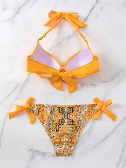 Summer Bikini New Underwired Bra Push Up Swimsuit Women Chest Knot Bow Bathing Suit Outfits Ties Swimwear Women Swimming Suit XL