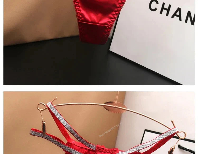 Sexy Silk Satin Thongs Hollow Out Fashion Solid Color Panties Cotton Crotch Low Waist Breathable Pure Color Women's Underwear