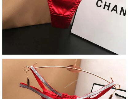 Sexy Silk Satin Thongs Hollow Out Fashion Solid Color Panties Cotton Crotch Low Waist Breathable Pure Color Women's Underwear