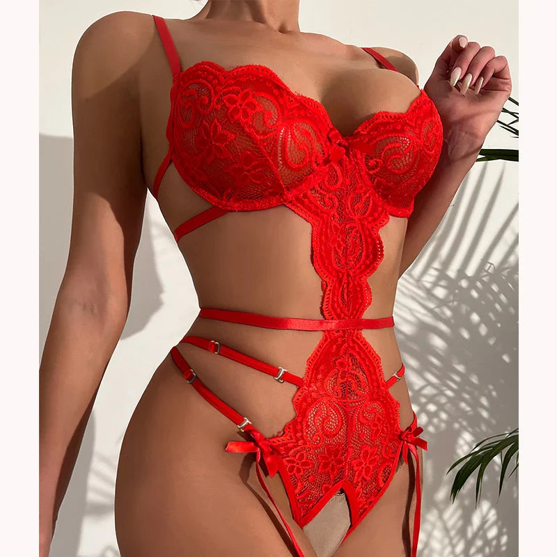 Hot Lace Bodysuit Babydoll Pajamas Set Garter Deep V Open Bra Crotchless Women's See-Through Corset Sex Lingerie Exotic Apparel