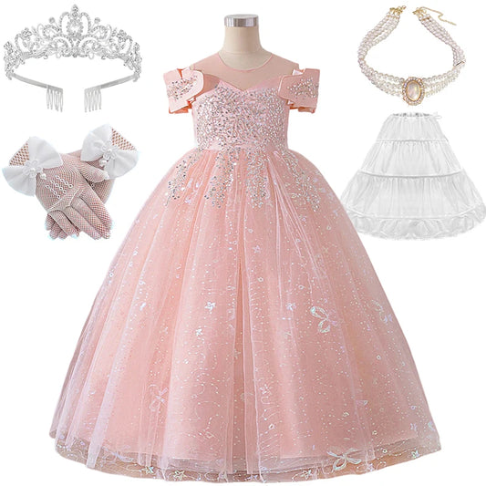 Gorgeous Elegant Girl Dress Formal Occasion Wedding Bridesmaid Celebration Communion Children Clothing Shiny Luxury Kids Clothes