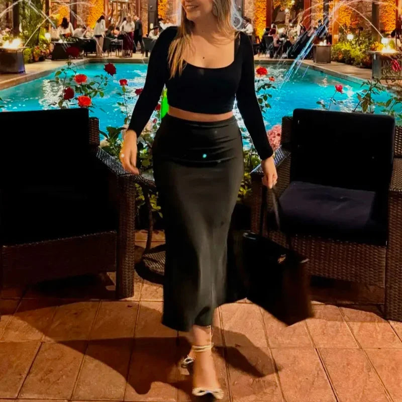 2024 Spring Women's Satin Bow-Decorated High-Waist A-Line Long Skirt - Vintage Chic Fashion