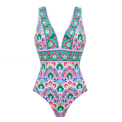 Cikini Deep V Floral Print Beach Resort One-Piece Swimsuit Set Summer Beach Swimwear Bathing Suit For Women