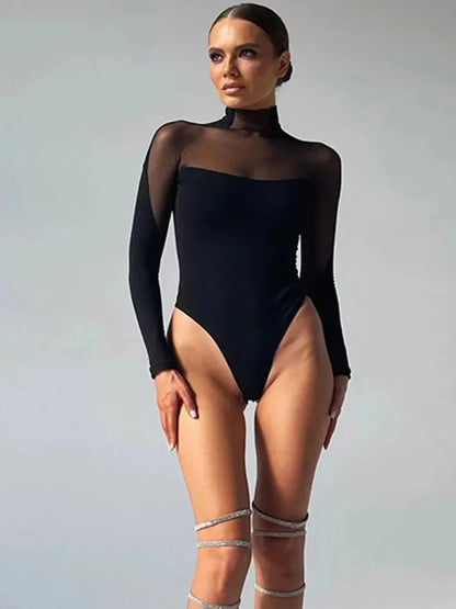 2025 Patchwork See Through Mesh Bodysuit Women's Sexy Long Sleeve Turtleneck Jumpsuit Chic Elegant High Waist Tops Bodysuits
