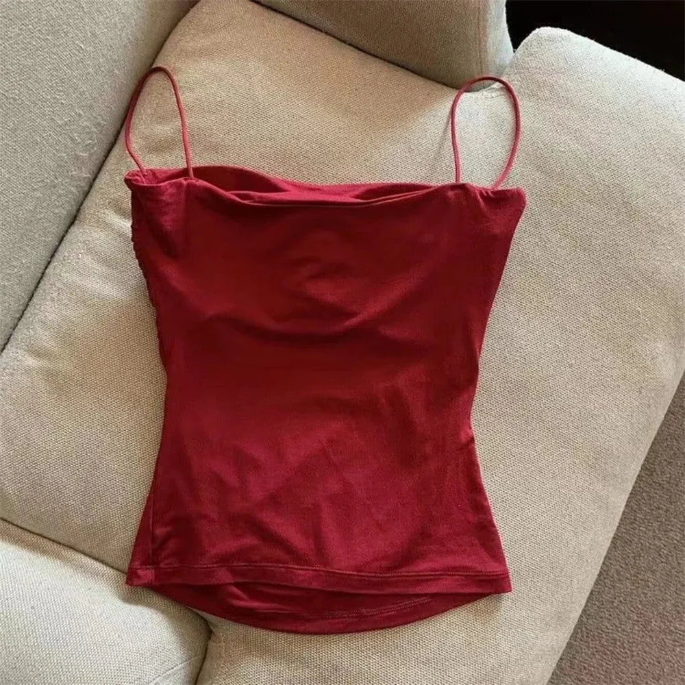 1 Pc Stylish Waist Pleated Corset - Soft support fixed chest pad sleeveless vest Sexy short top with thin straps Solid color