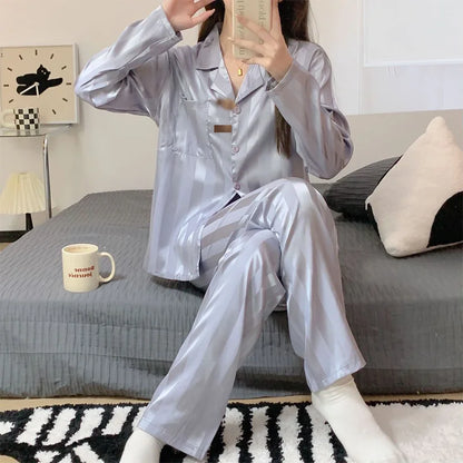 Women Pajamas Striped Pijama Sets Silk Satin Female Home Clothes Sleepwear Longsleeve Shirt Pants Homewear Shirt Pants Loungewea