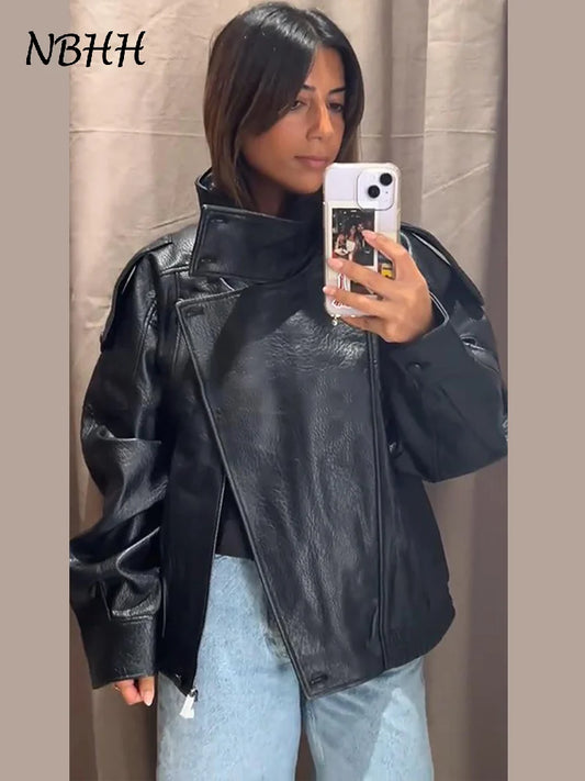 Street Stand Collar Women's Leather Jacket Loose Long Sleeve Zipper Pockets Chic Female Coats 2025 Autumn Winter Lady Outerwear