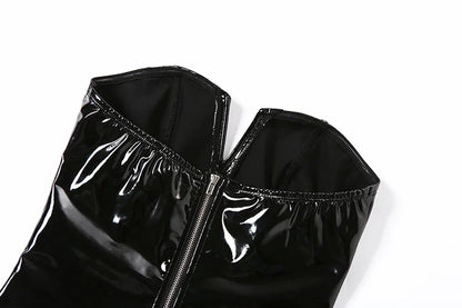 SINGREINY Strapless PU Leather Sexy Bodysuits Ladies Zipper Design Bodycon Top Fashion Streetwear Open Crotch Sensual Playsuits