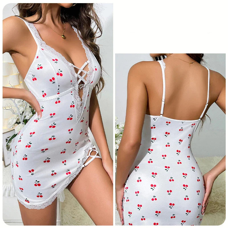 Sexy Cherry Print Nightgown Women's Lace Trim Lingerie Criss Cross Cami Mini Dress Cute Bodycon Chemise Trendy Nightwear New