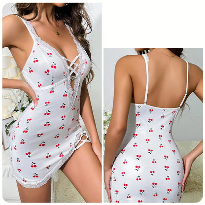 Sexy Cherry Print Nightgown Women's Lace Trim Lingerie Criss Cross Cami Mini Dress Cute Bodycon Chemise Trendy Nightwear New