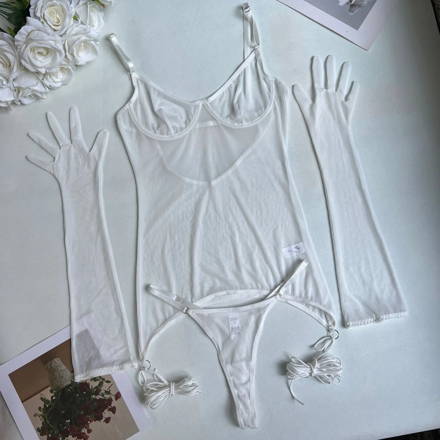 Yimunancy Sheer Mesh Lingerie Set Women 4-Piece Backless Sexy Dress Sexy Erotic Solid Brief Underwer Set Nightwear