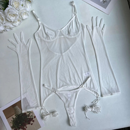 Yimunancy Sheer Mesh Lingerie Set Women 4-Piece Backless Sexy Dress Sexy Erotic Solid Brief Underwer Set Nightwear