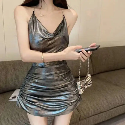Sliver Mini Dress Sexy Spicy Girl Pile Collar Hanging Neck Bright Open Back Dress Elegant Girl Fashion Sweet