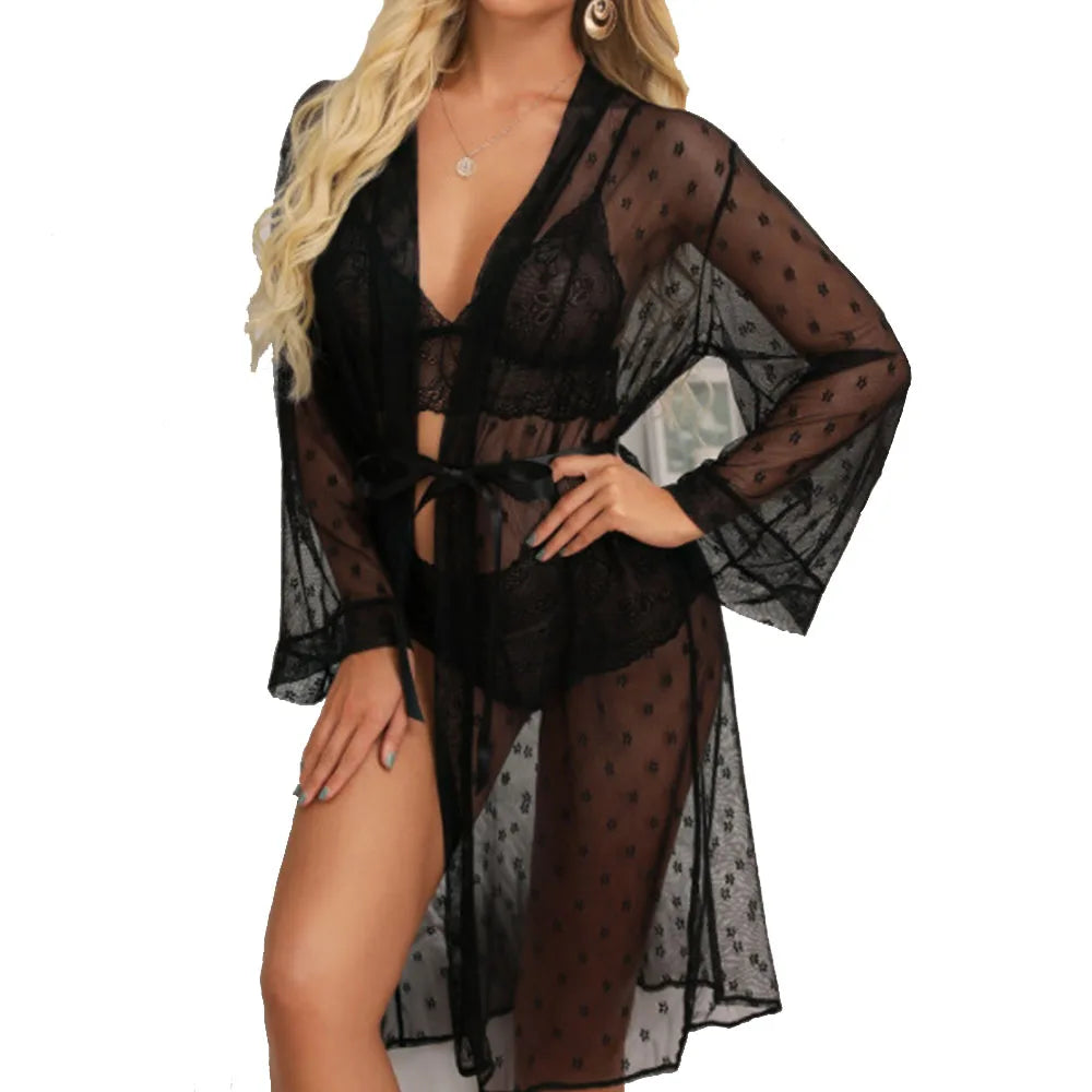 Women's Sexy Sheer Lace Robe+Lace Bra+Panty Lingerie Set See Through Kimono Lingerie Dress Lace Gown Sleepwear