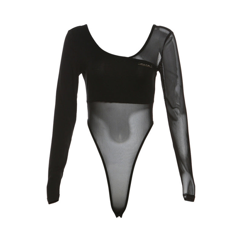 Black See Through Bodysuit Lingerie Sexy Long Sleeve Lenceria Femenina V-Neck One-Pieces Body Feminino Backless Tops For Women