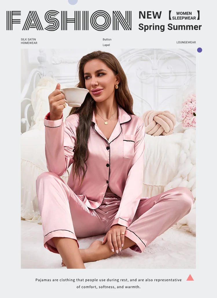 Women's Pajama Set Silk Sleepwear Suit Loungewear Pj Set Satin Long Sleeve Tops With Pants 2 Pieces Pjs Pajamas for Women Pyjama