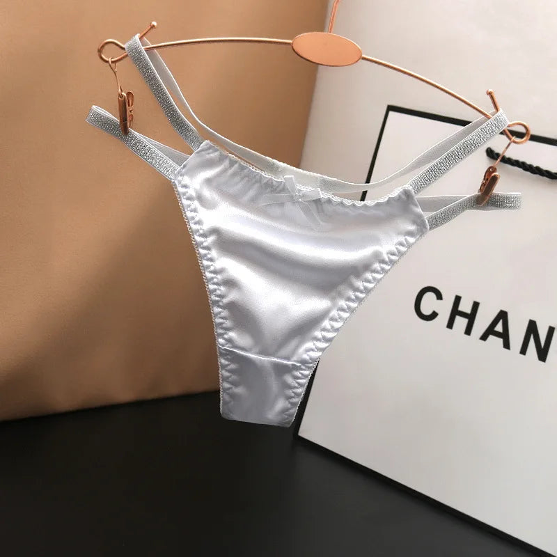 Sexy Silk Satin Thongs Hollow Out Fashion Solid Color Panties Cotton Crotch Low Waist Breathable Pure Color Women's Underwear