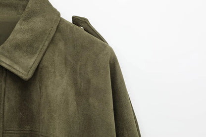 HH Women Brown Green Suede Jacket Loose Casual Bomber Coat Lapel Zipper Long Sleeve Jackets Vintage Lady Motorcycle Outwears