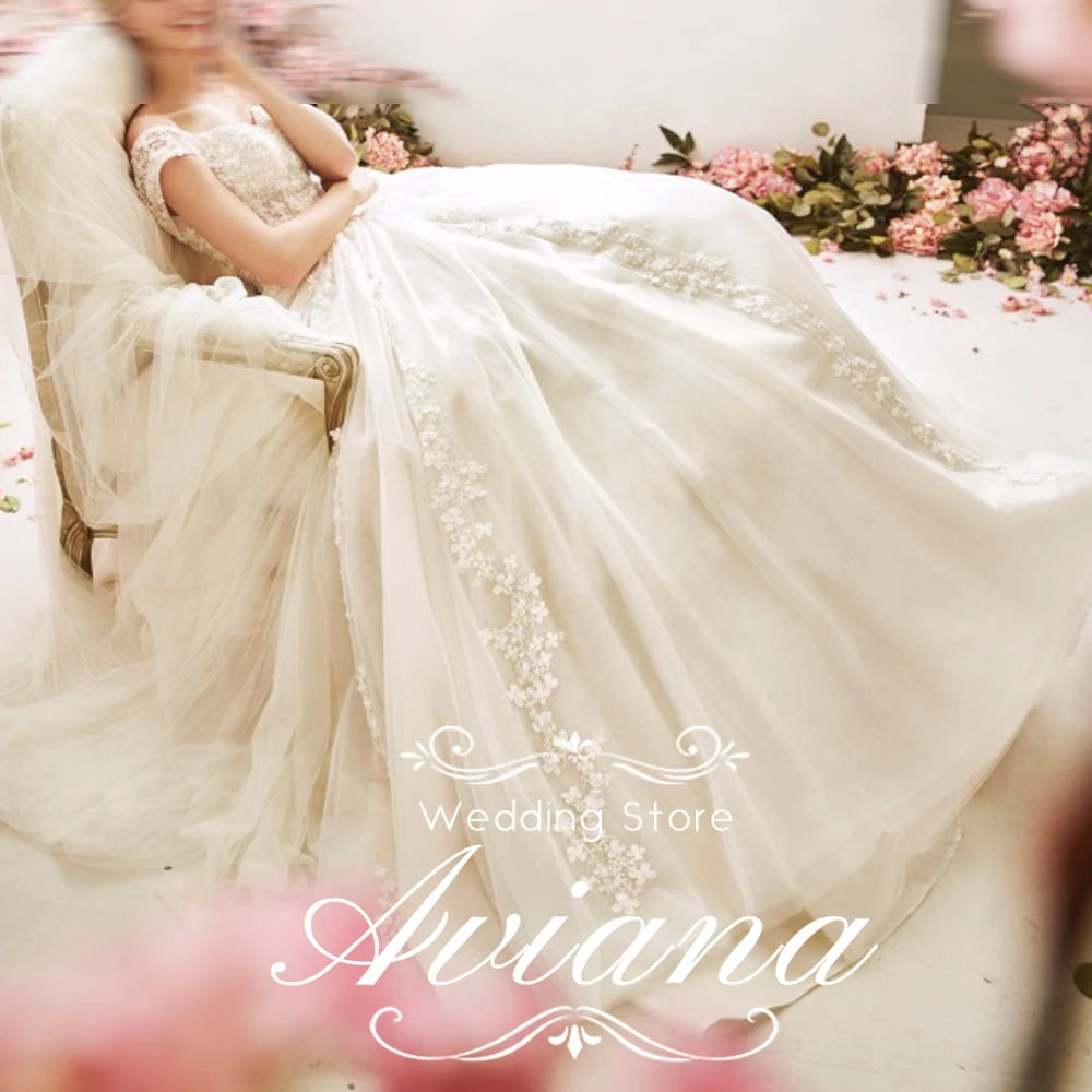 Aviana Customized Off Shoulder A-Line Sweep Train Pleats Ruching 3D Flowers Sleeveless Sweetheart Backless Empire Satin Woman