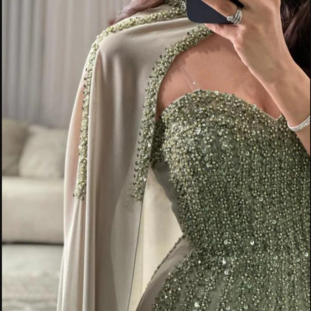 Customized Embrodiered Bead Evening Dresses with Cape Sweetheart Sequin Formal Wedding Party Gown A Line Chiffon Maxi Dress