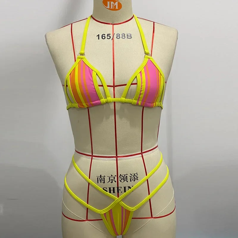 Circyy Bathing Suit Women Neck-mounted Sexy Split Swimsuit Striped Hollow Out Thongs Summer 2025 New Beach Fashion Bikini Set